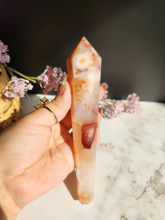 Natural carnelian flower agate wand with druzy from Madagascar, stand included
