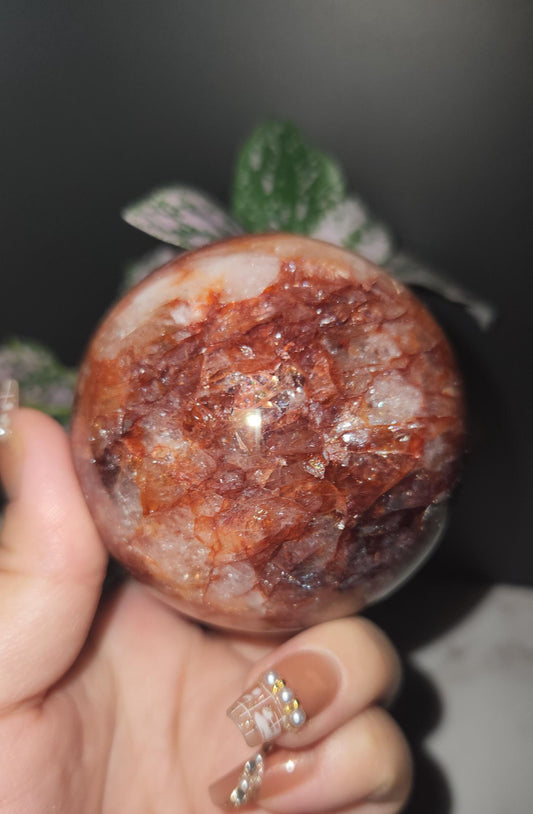 Beautiful natural dark fire quartz sphere with rainbows, Hematoid inclusions, Hematoid quartz, 72C, 67.8mm