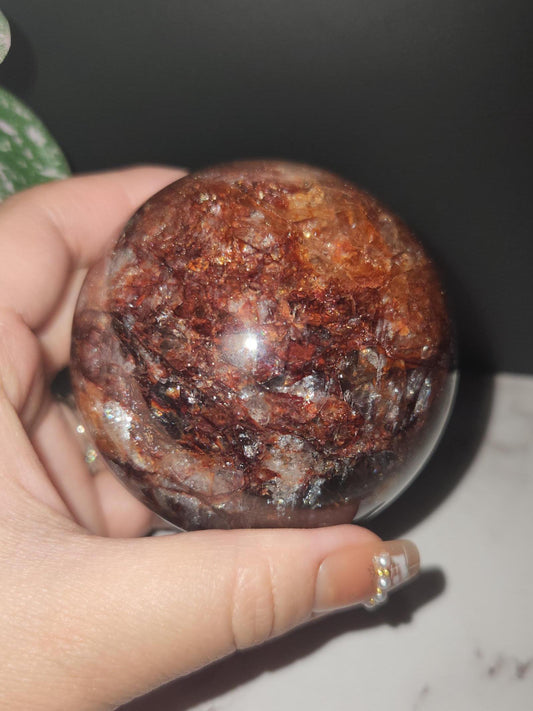 High quality natural dark fire quartz sphere with rainbows, Hematoid inclusions, Hematoid quartz, 84D, 70.9mm