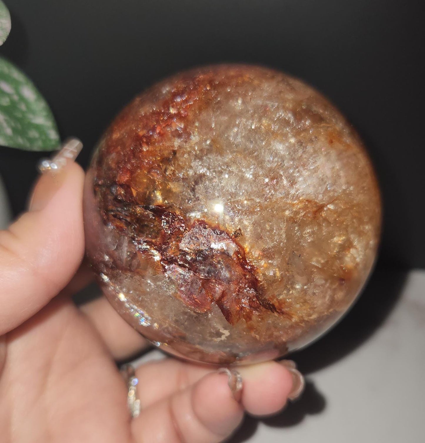 High quality natural dark fire quartz sphere with rainbows, Hematoid inclusions, Hematoid quartz, 84D, 70.9mm
