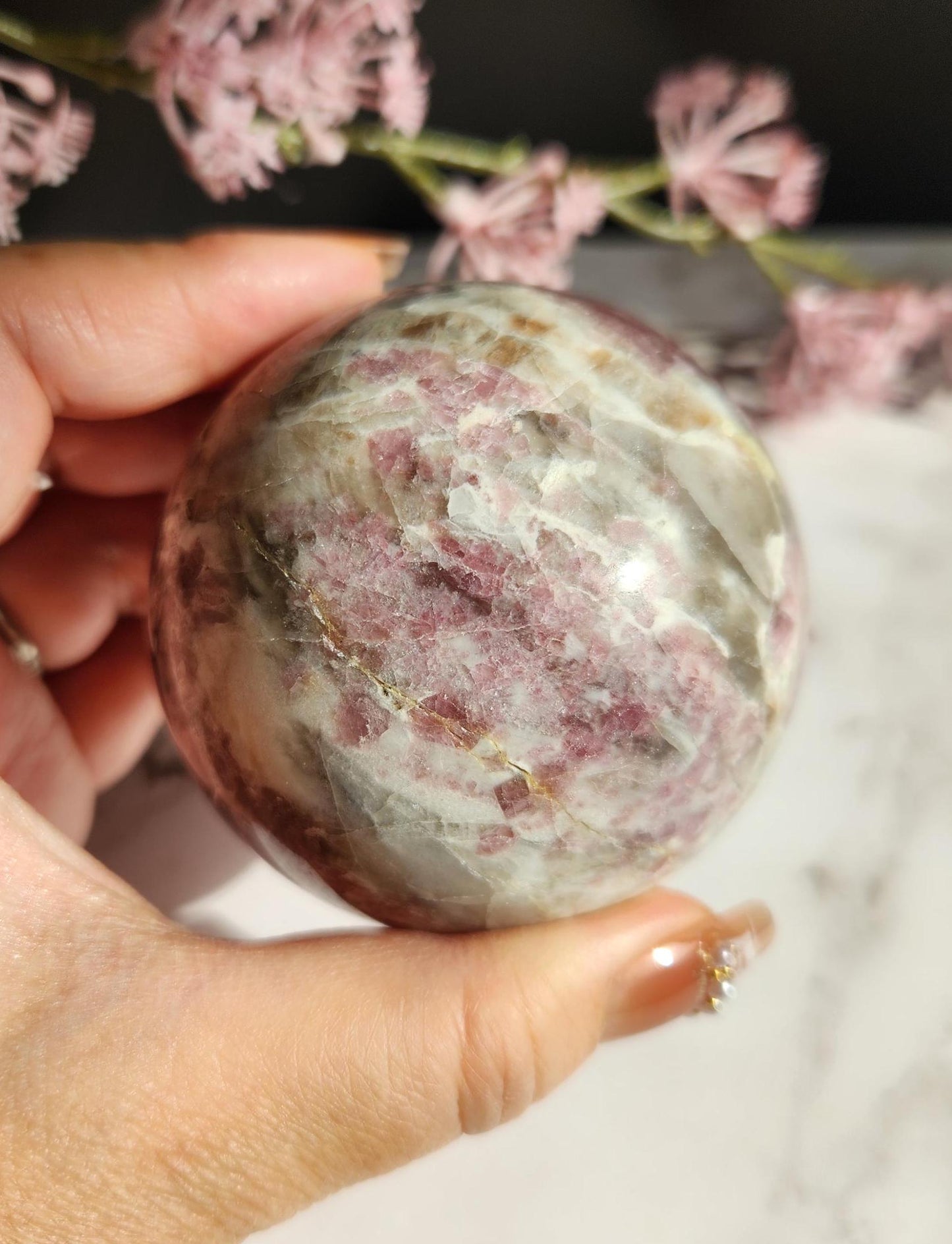 Amazing high quality pink tourmaline sphere with smokey and clear quartz  A