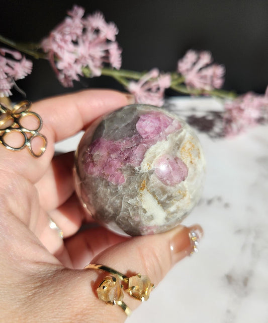Natural pink tourmaline sphere with sparkly lepidolite, Smoky and clear quartz, E