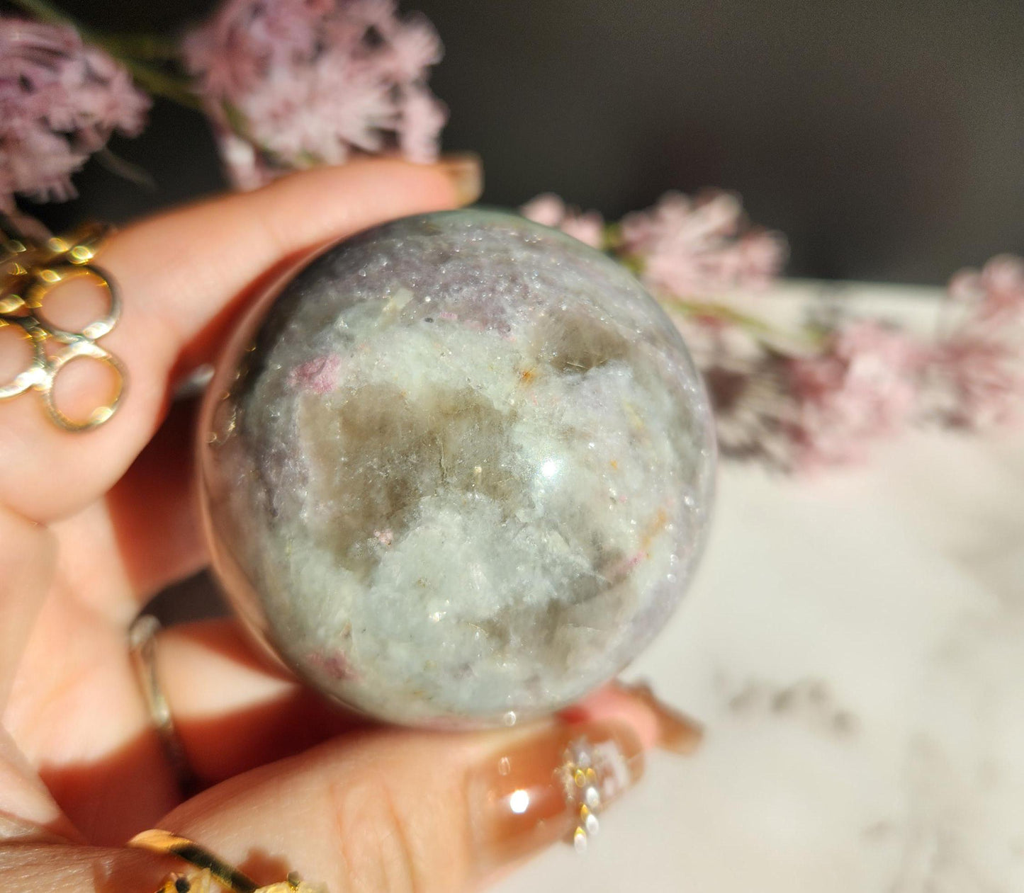 Natural pink tourmaline sphere with sparkly lepidolite, Smoky and clear quartz, E