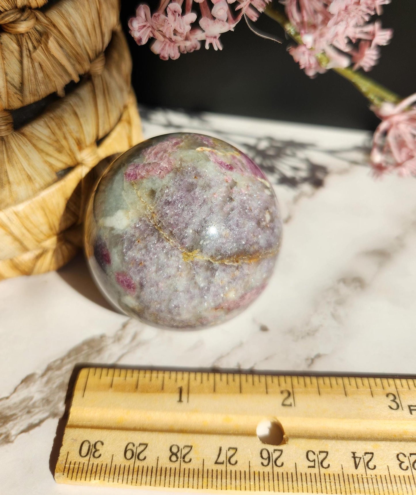 Natural pink tourmaline sphere with sparkly lepidolite, Smoky and clear quartz, E