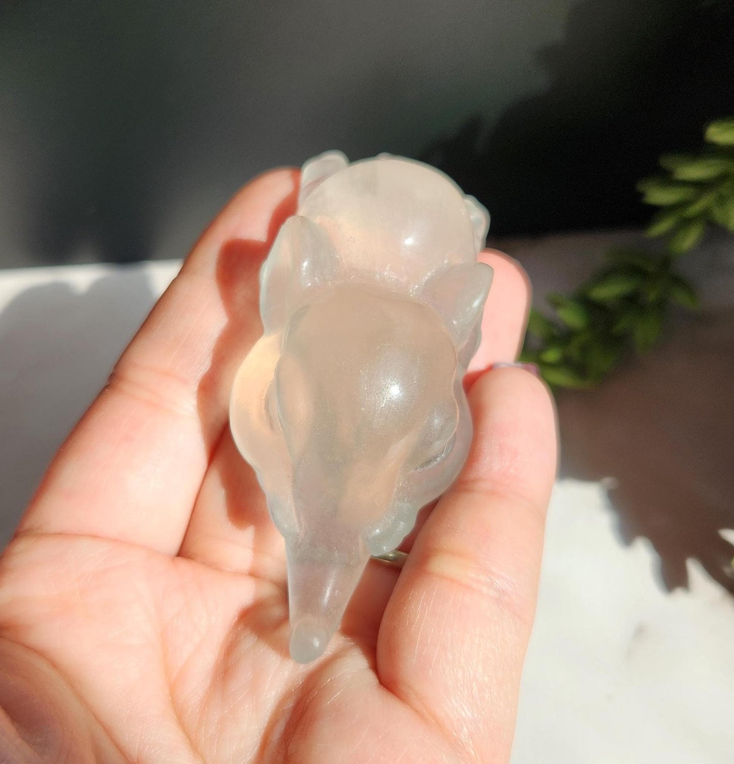 Adorable light green fluorite elephant, laying down elephant carving