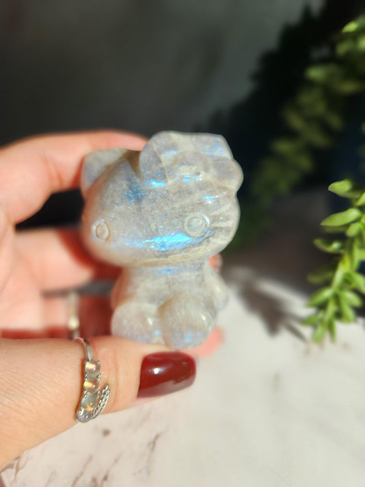 Beautiful blue moonstone hello kitty carving with amazing blue flash