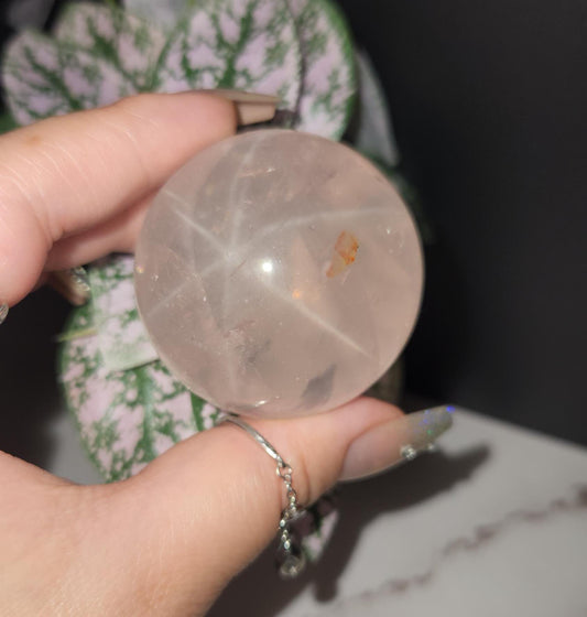 High quality 6 star rose quartz sphere with rainbows and asterism from Mozambique  W36 R8
