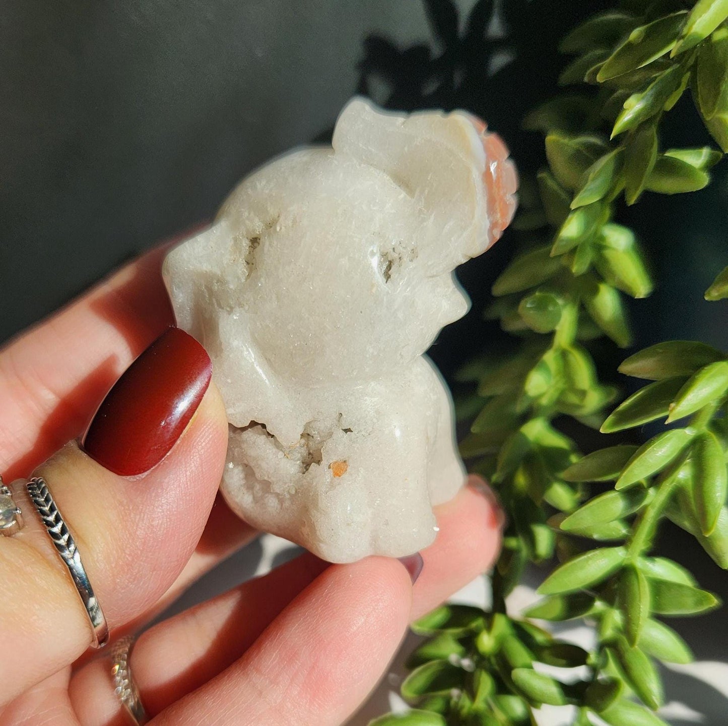Beautiful happy hand carved carnelian flower agate elephant with druzy, natural