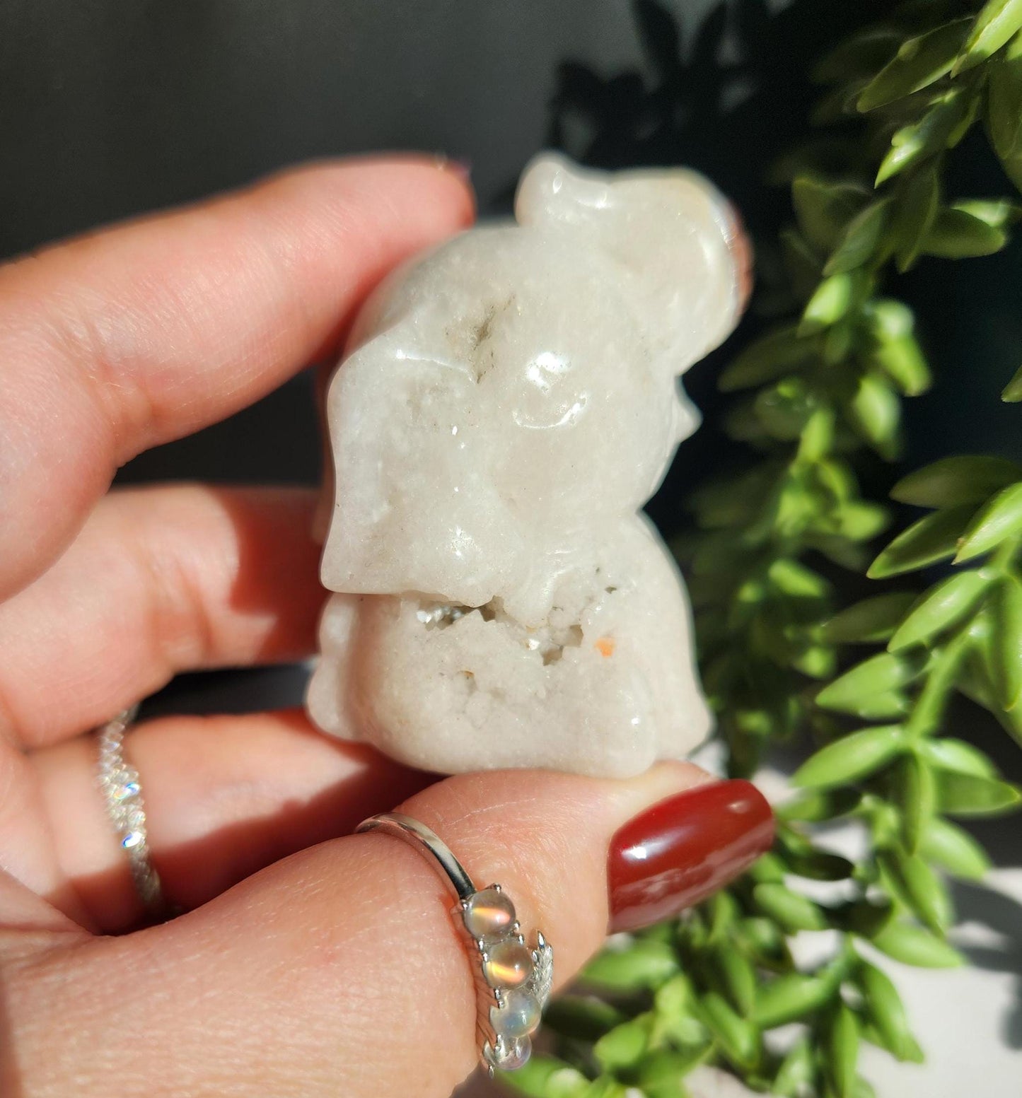 Beautiful happy hand carved carnelian flower agate elephant with druzy, natural