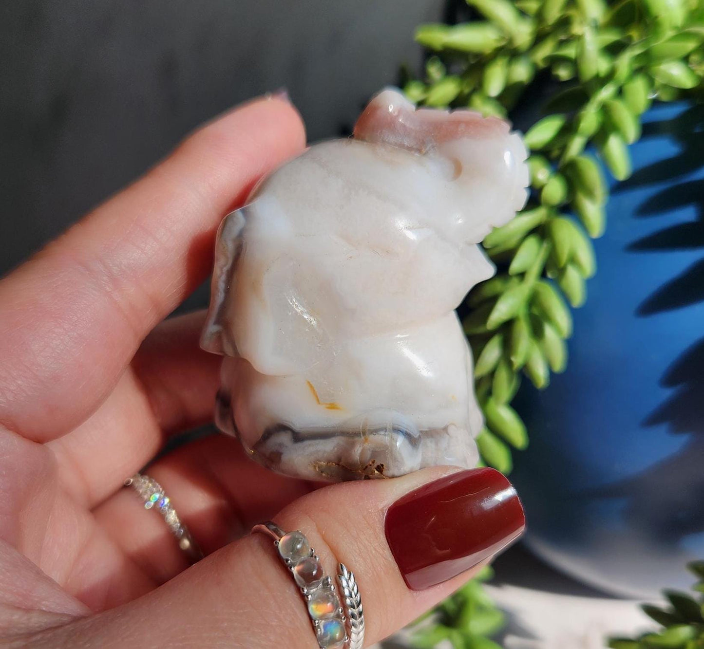 Beautiful happy hand carved carnelian flower agate elephant with black chalcedony, natural
