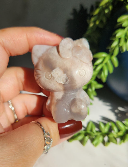 Beautiful flower agate hello kitty carving, natural