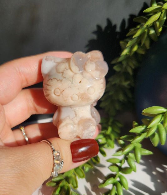 Beautiful flower agate hello kitty carving, natural