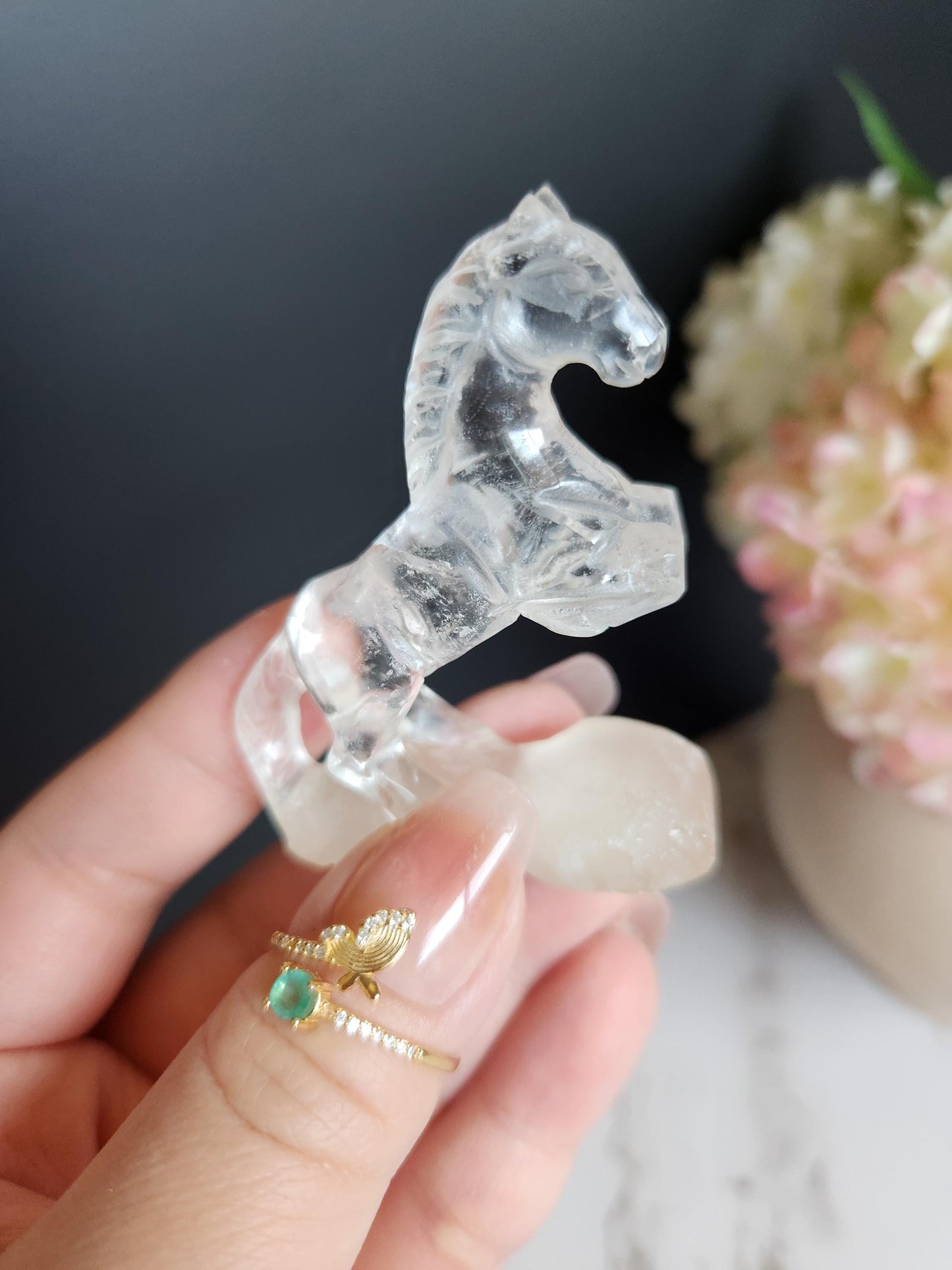 Amazing hand carved clear quartz horse, home decor, self standing A
