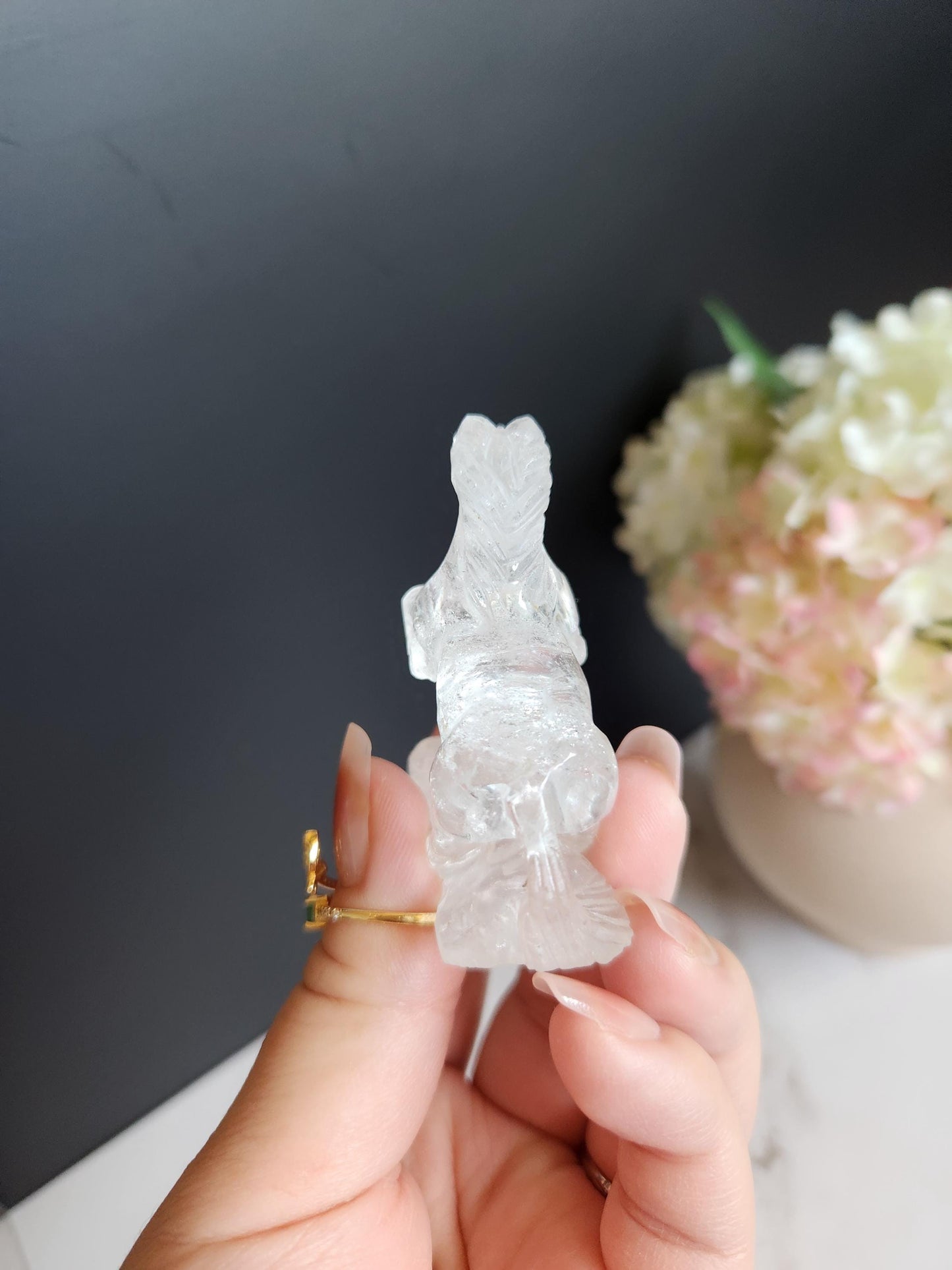 Amazing hand carved clear quartz horse, home decor, self standing B