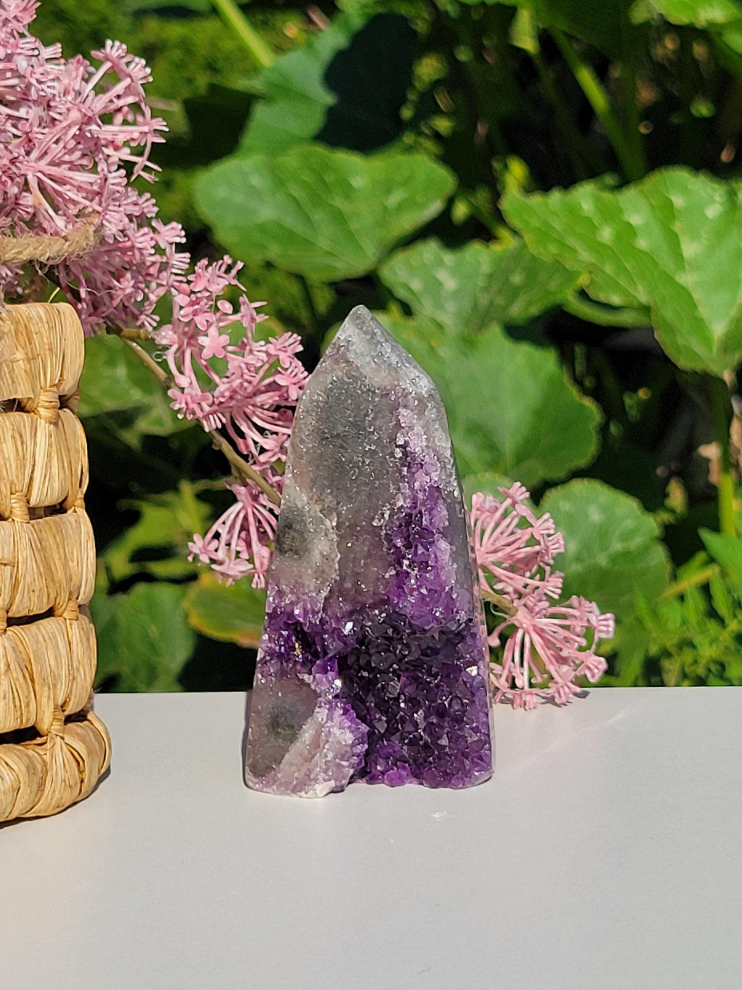 Adorable purple amethyst cluster tower with quartz, natural, from Brazil