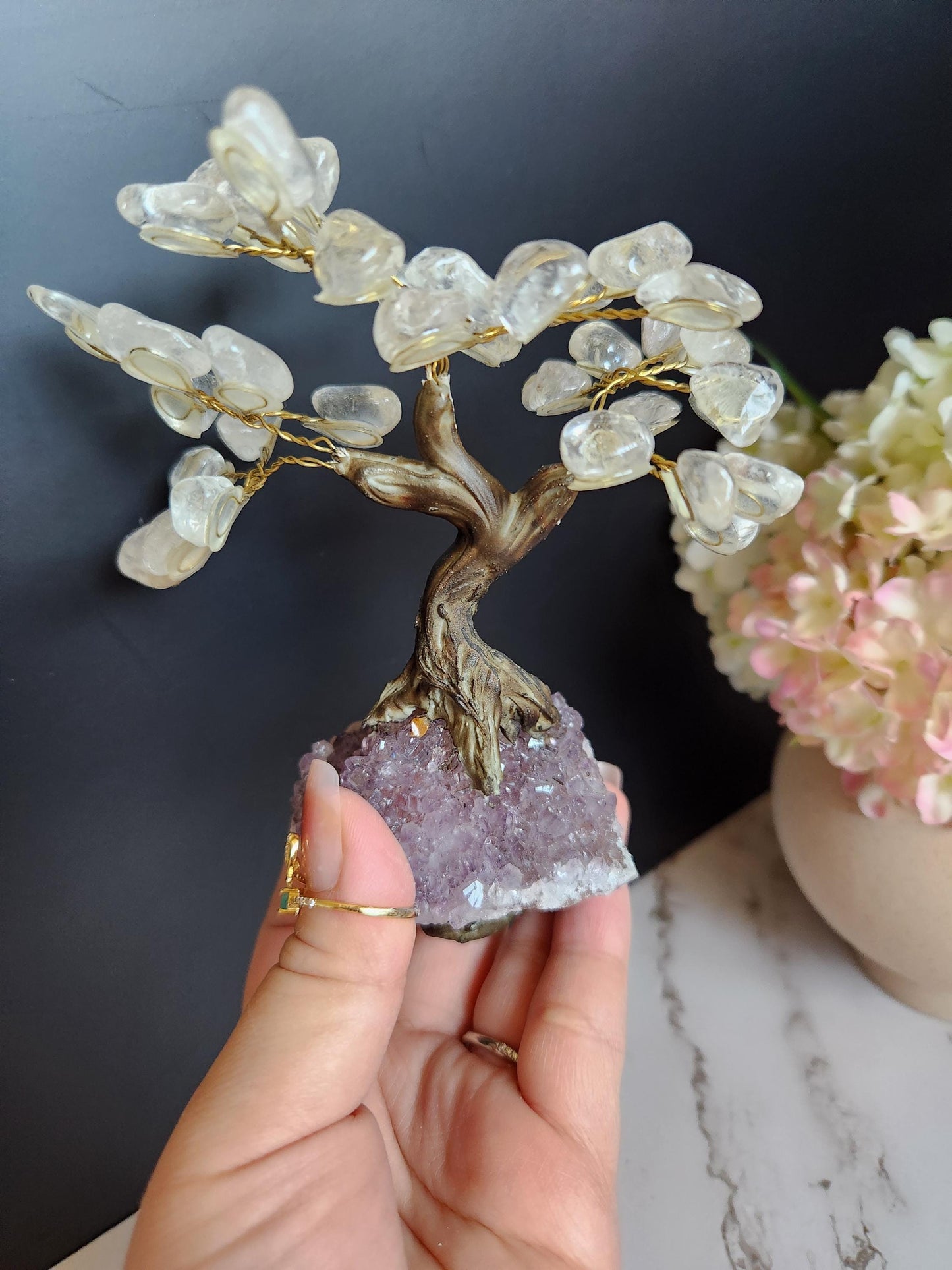 Beautiful clear quartz bonsai tree with purple amethyst cluster base from Brazil, home decor