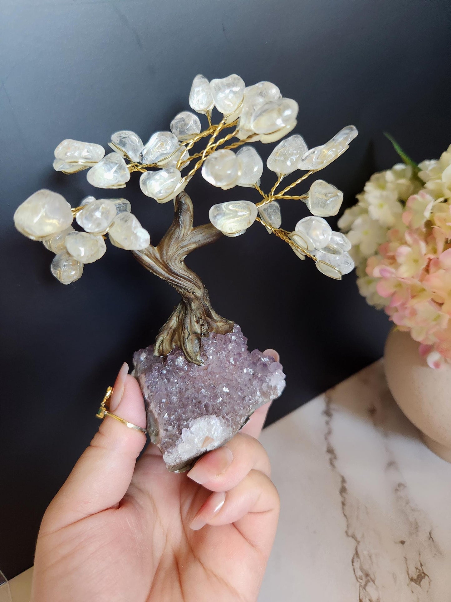 Beautiful clear quartz bonsai tree with purple amethyst cluster base from Brazil, home decor