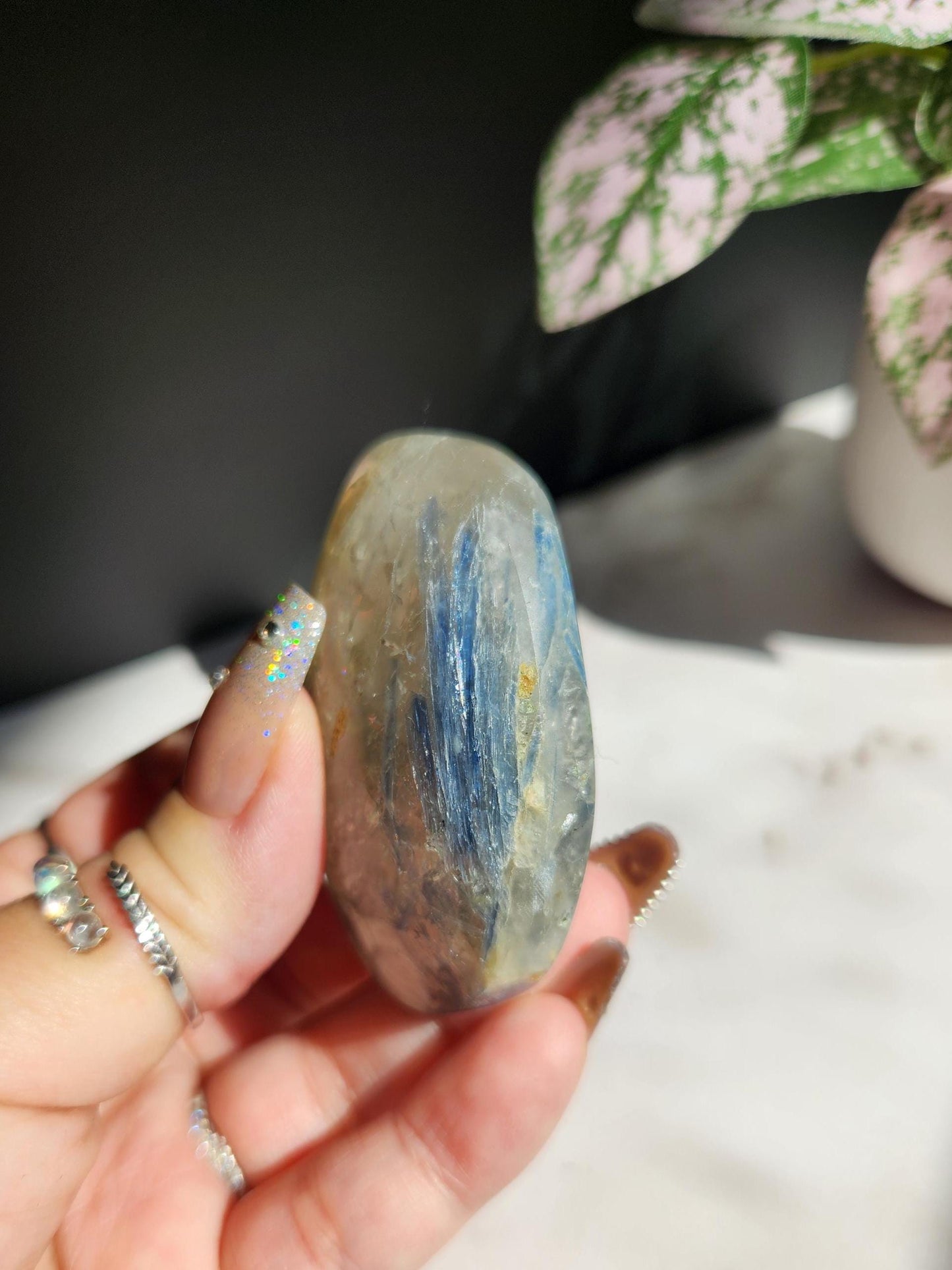 AAA natural blue Kyanite with quartz palm stone, pocket stone 33A