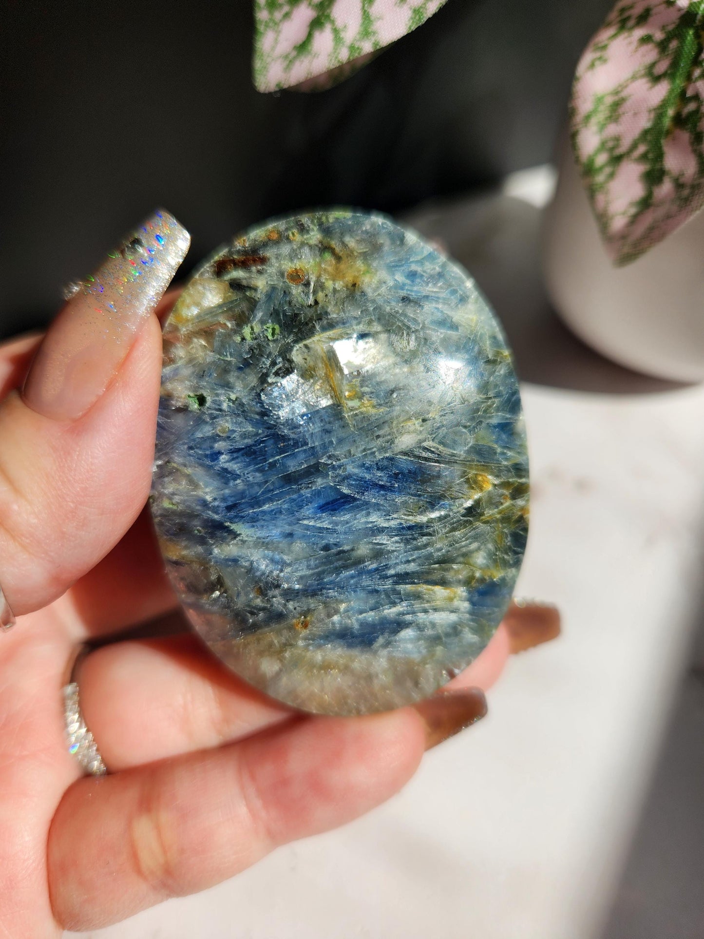 AAA natural blue Kyanite quartz palm stone with quartz and iron inclusions, pocket stone 34B
