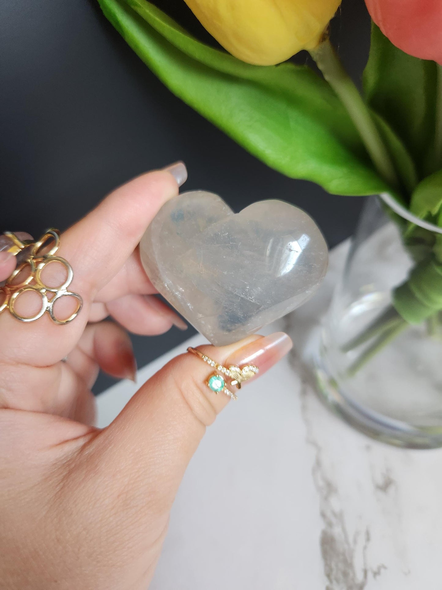 Gemmy blue rose quartz heart with rainbows from Madagascar 10H