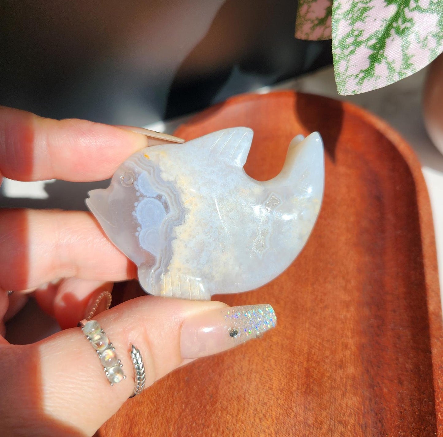 Beautiful flower agate dolphin carving, natural, self standing