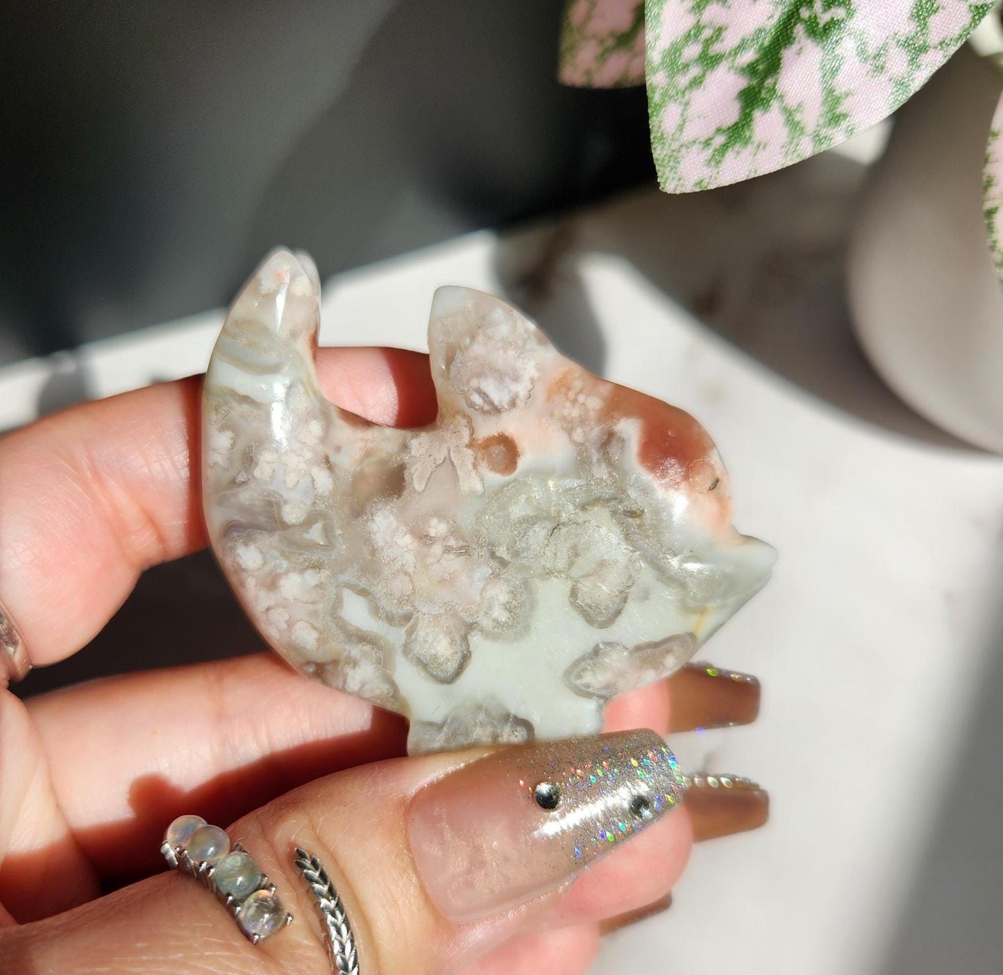 AAA green flower agate dolphin carving, natural, self standing