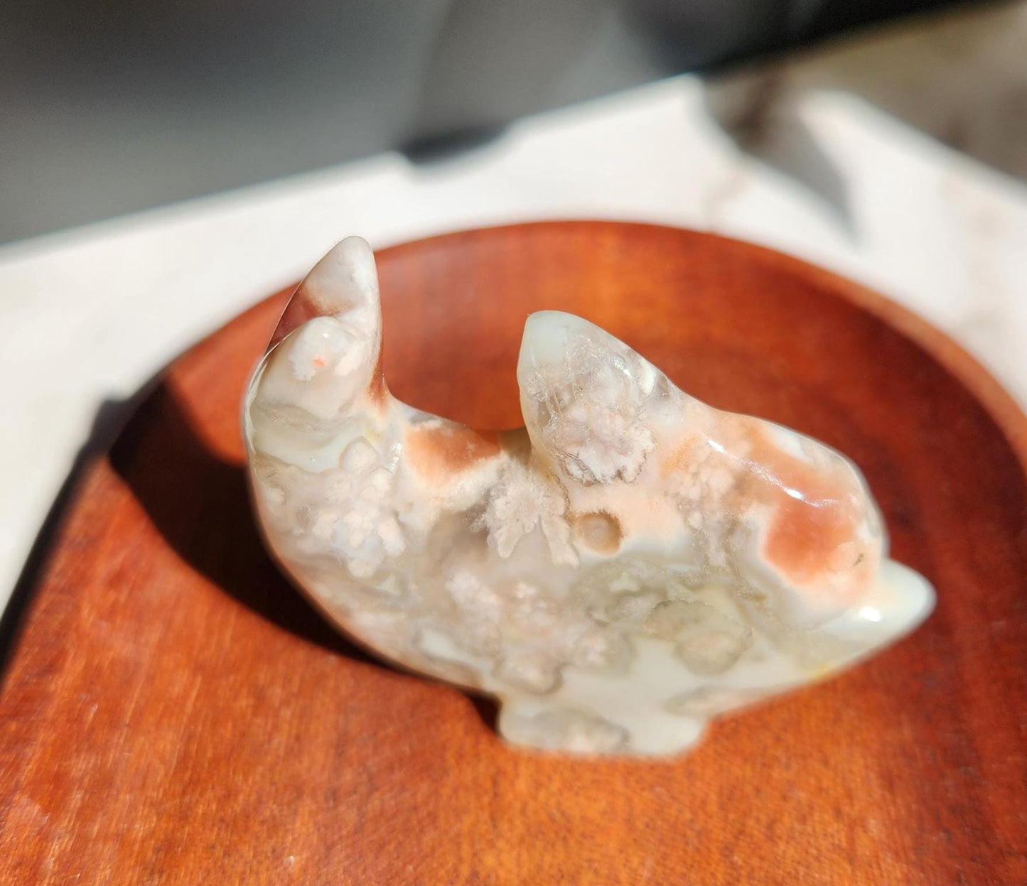 AAA green flower agate dolphin carving, natural, self standing