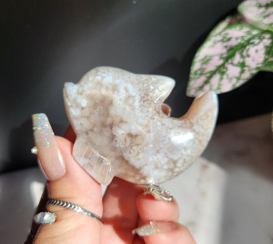 Beautiful flower agate dolphin carving, natural, self standing