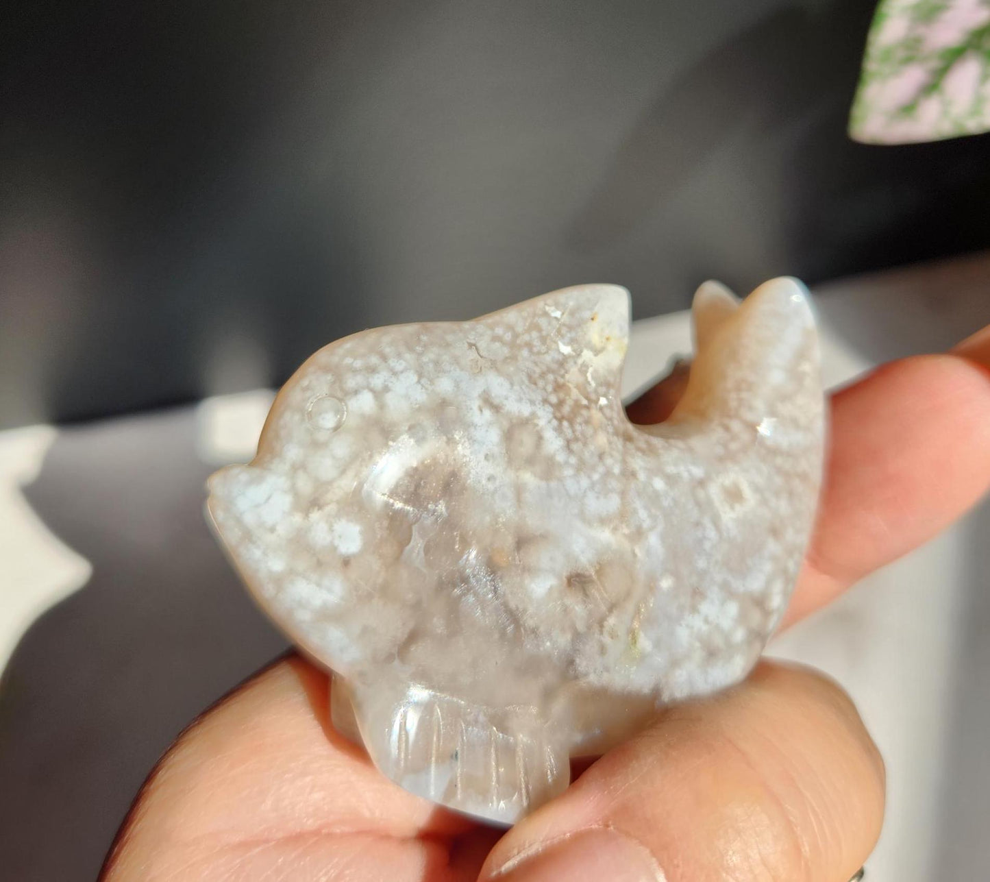 Beautiful flower agate dolphin carving, natural, self standing
