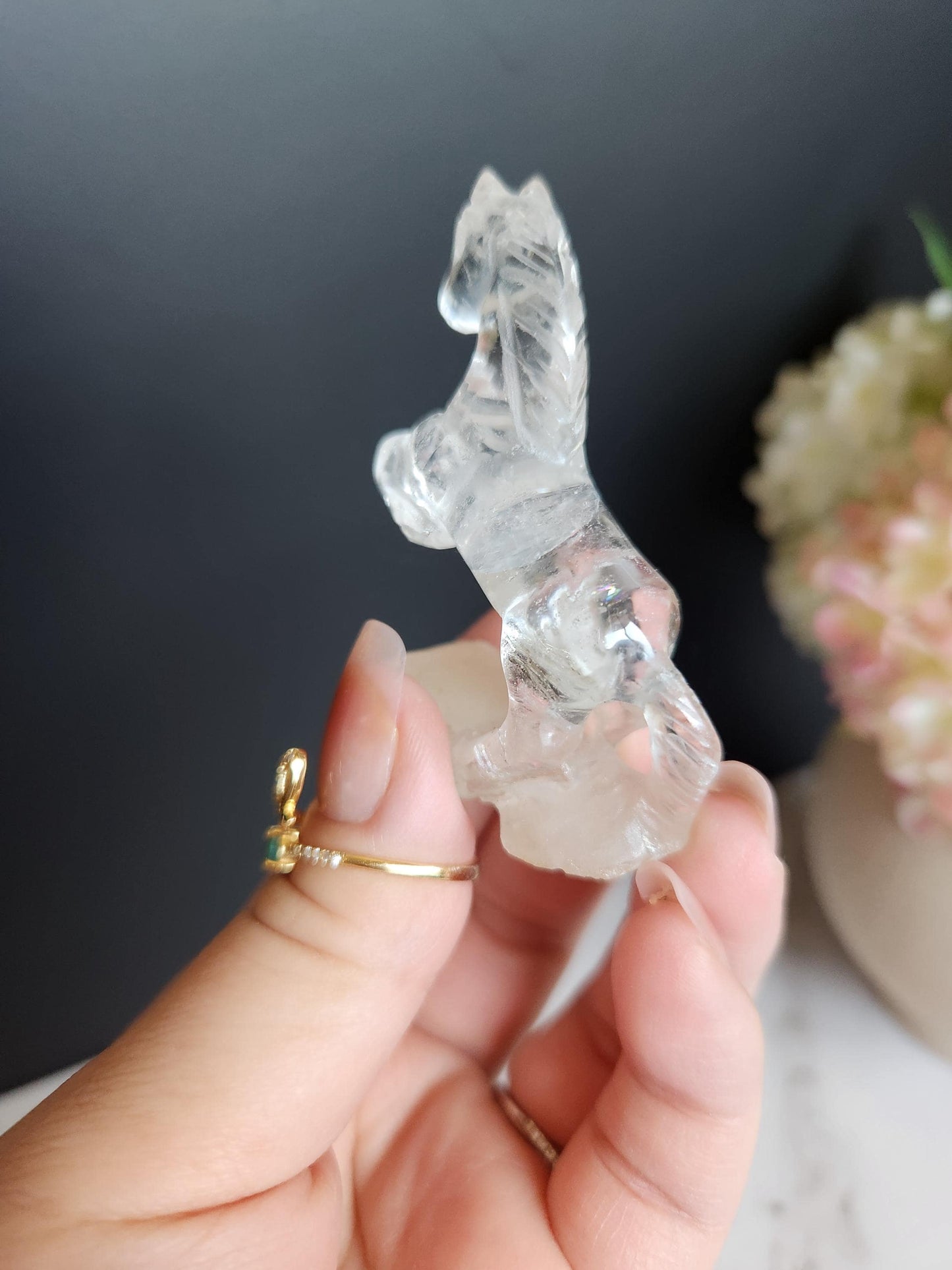 Amazing hand carved clear quartz horse, home decor, self standing A