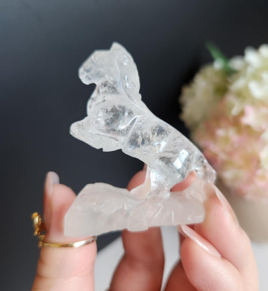Amazing hand carved clear quartz horse, home decor, self standing B
