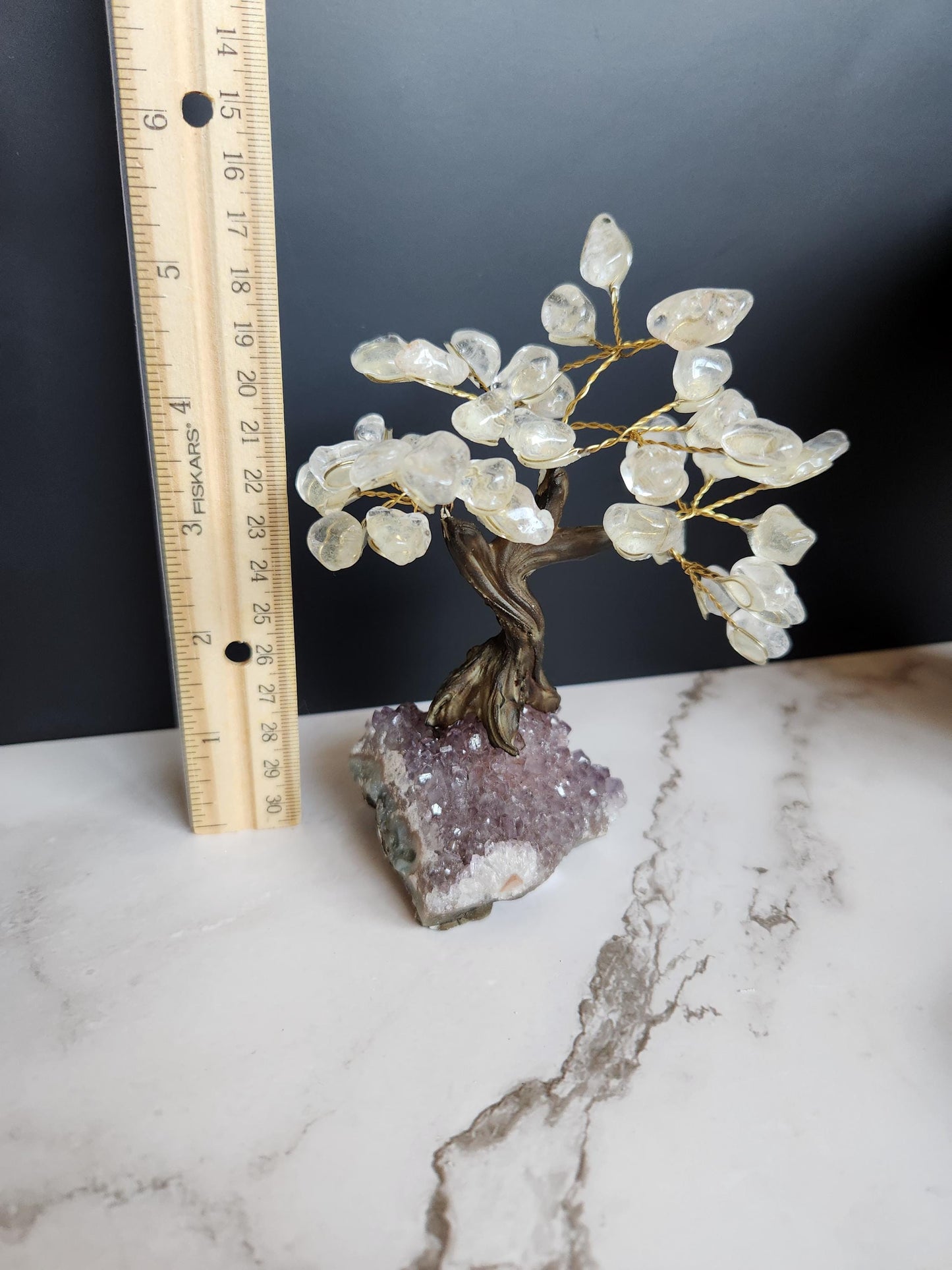 Beautiful clear quartz bonsai tree with purple amethyst cluster base from Brazil, home decor