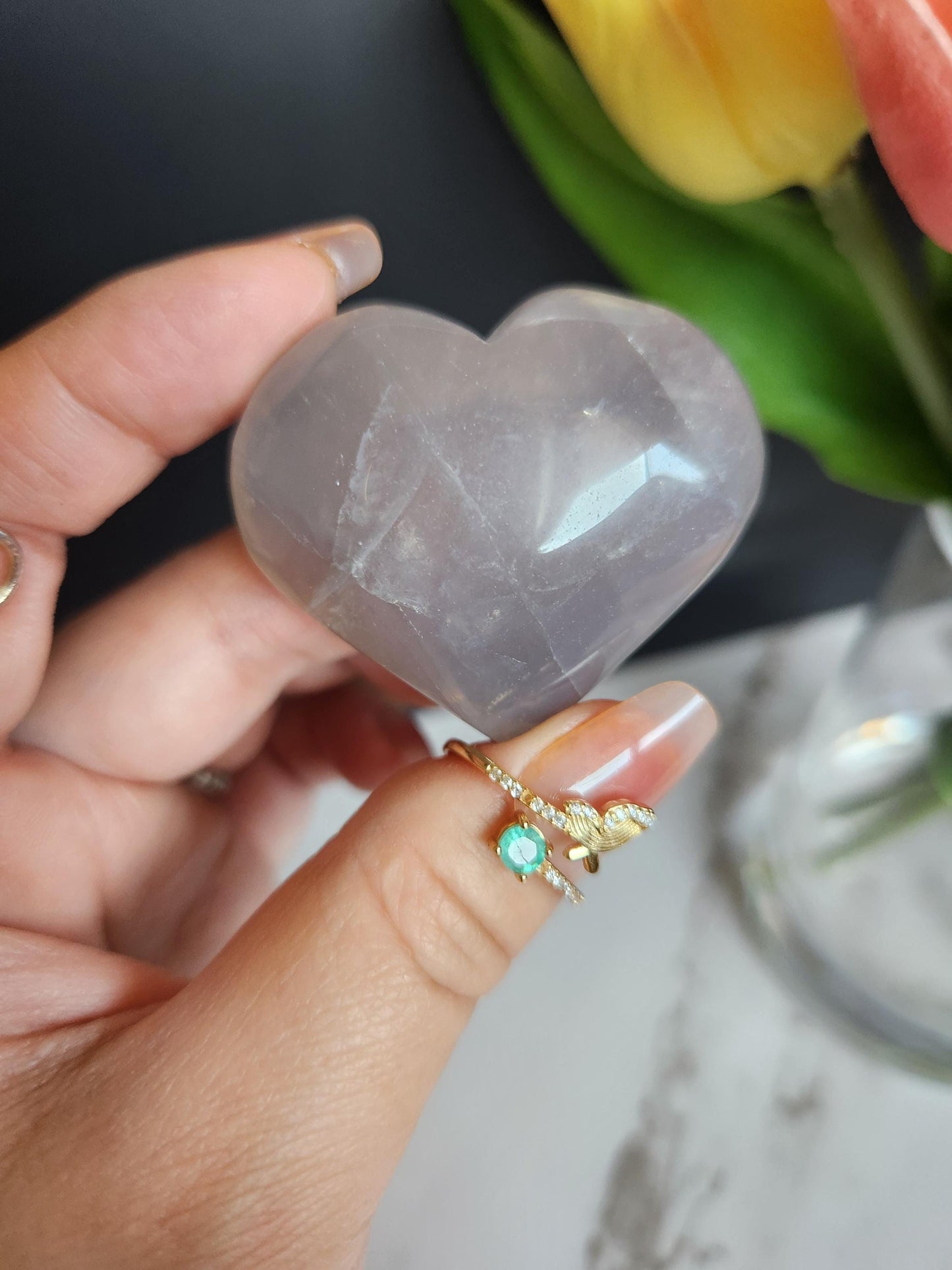 Beautiful blue rose quartz heart with rainbows from Madagascar 8E