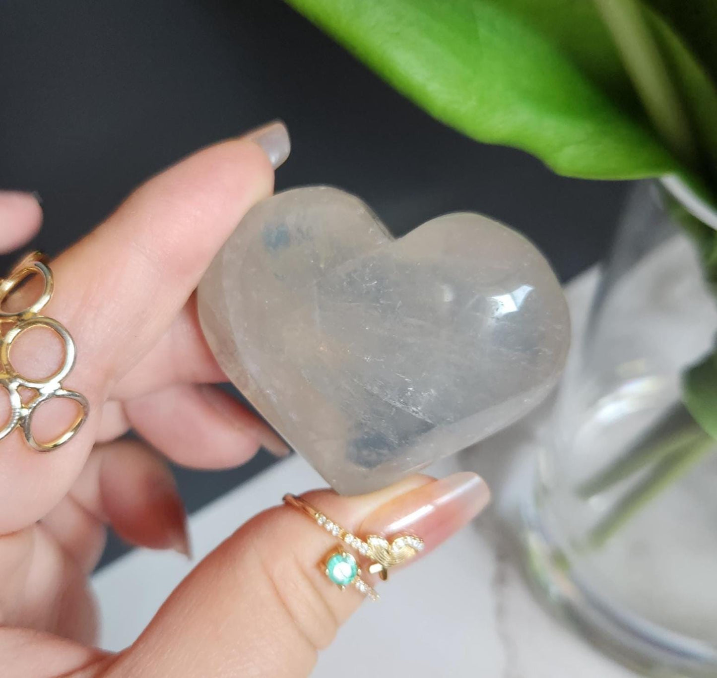 Gemmy blue rose quartz heart with rainbows from Madagascar 10H